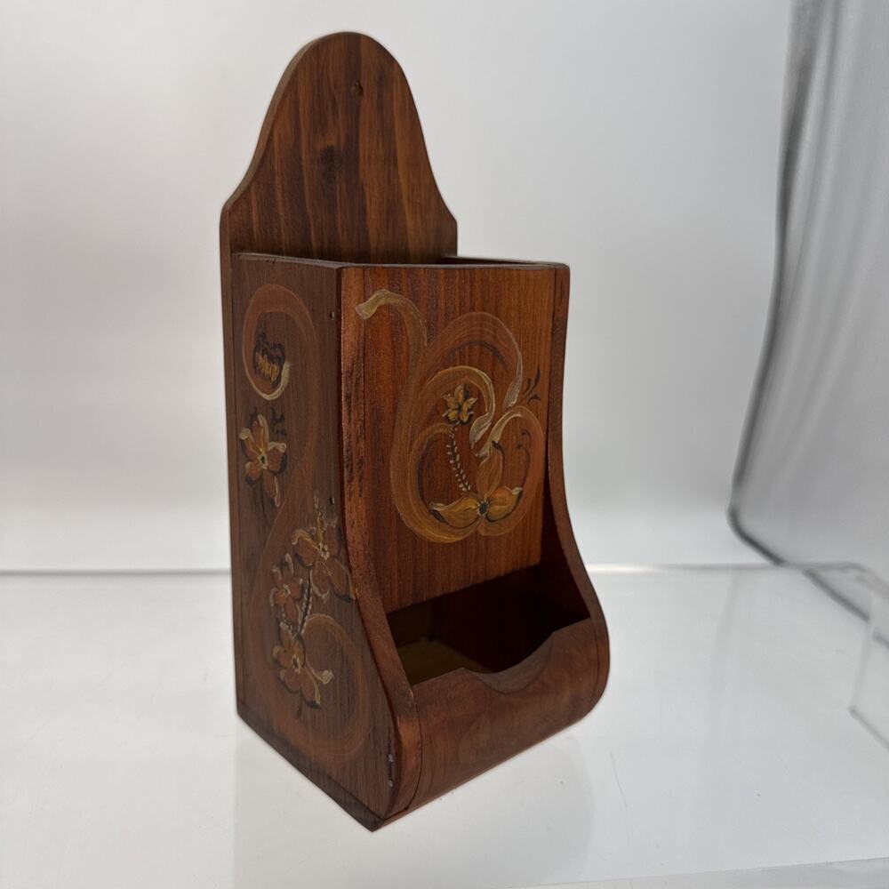 Vtg Handmade Rosemaling Painted Wooden Wall Hanging Wood Match Holder